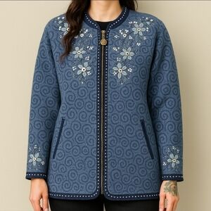 Icelandic Design Wool Embroidered Zip Sweater Jacket Blue XL
